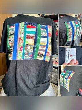 Quilty Tee - Black Patchwork Scrappy Stripes